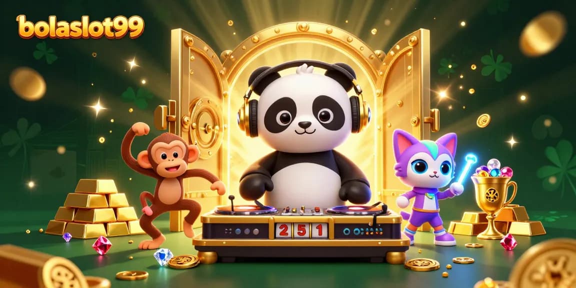 DJ panda spinning slot reels at bolaslot99, surrounded by vibrant casino elements and animated characters.
