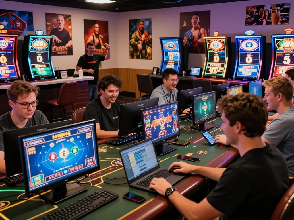 Exciting atmosphere for tải rik vip at a modern gaming lounge with players interacting on devices.