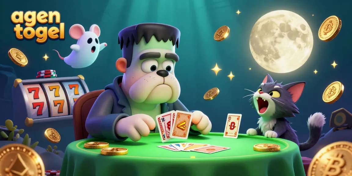 Agen togel menggunakan kartu di meja hijau yang spooky dengan karakter unik dalam ilustrasi 3D.