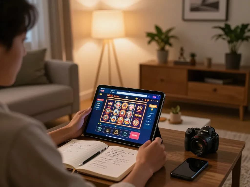 Person enjoying DW8 online casino on tablet in cozy living room, surrounded by strategy notes.