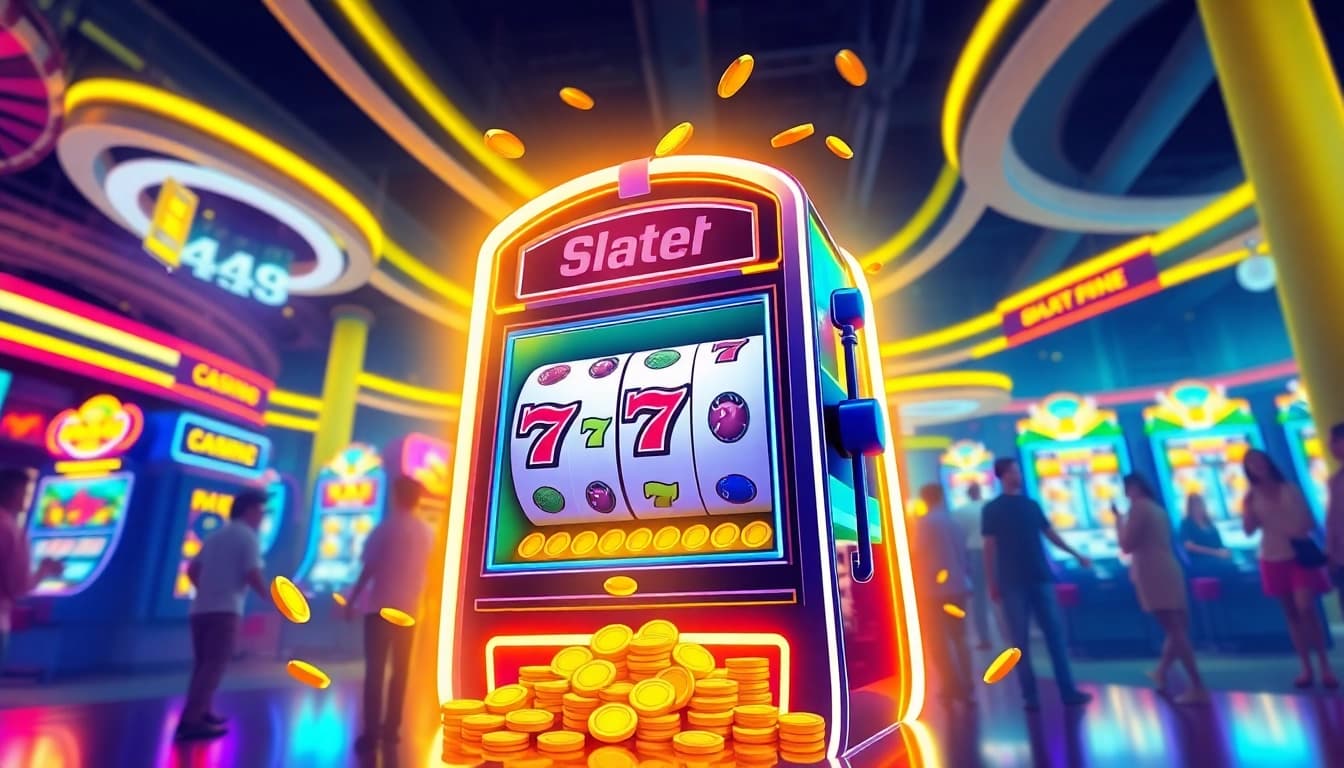 Exciting slot machine in a vibrant casino environment, showcasing the thrill of winning.