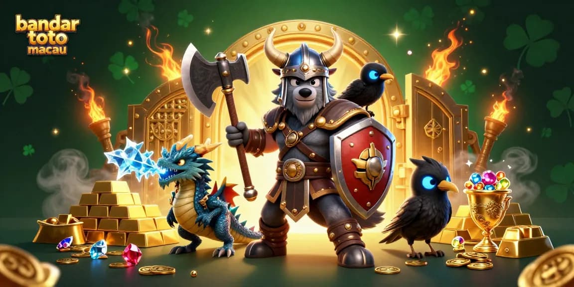 Memenangkan permainan di bandar toto macau dengan ilustrasi pertempuran Viking dan naga berkilauan.