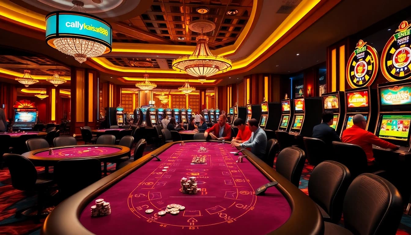 Kaisar888 players enjoying a luxurious gaming experience at a vibrant casino table with poker chips and cards.