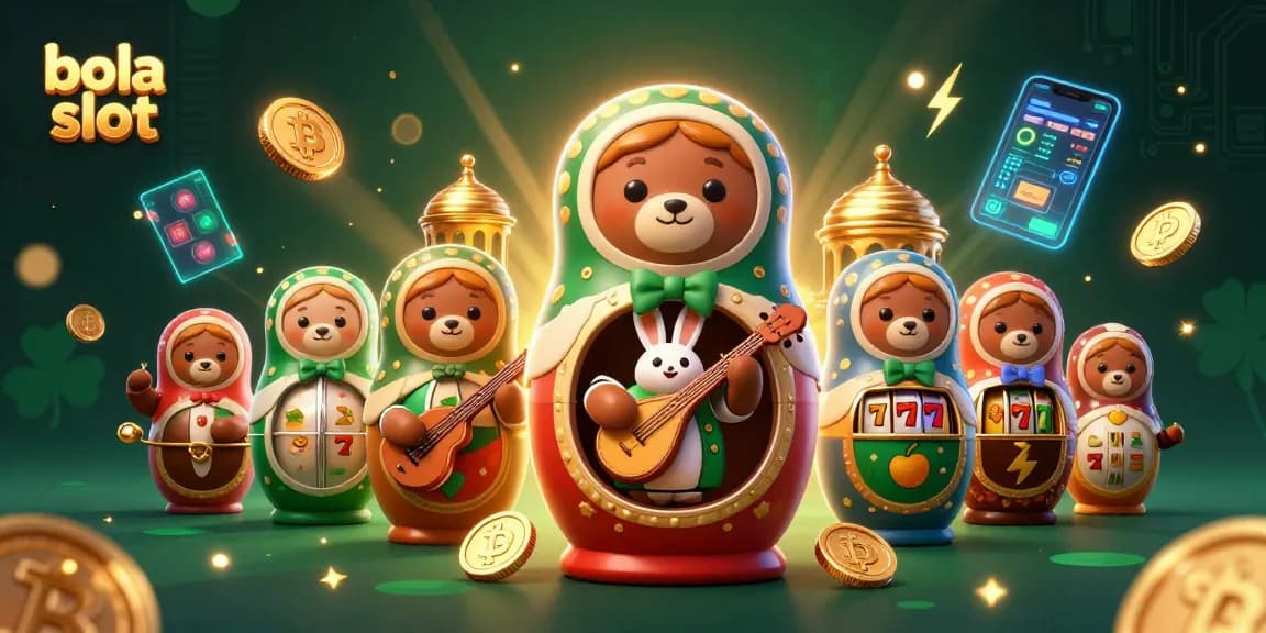 Play exciting bola slot games with unique characters and rich casino elements in a vibrant scene.
