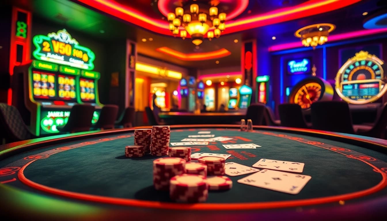 Experience the excitement of jagoan86 with players at a luxurious poker table in this vibrant casino scene.
