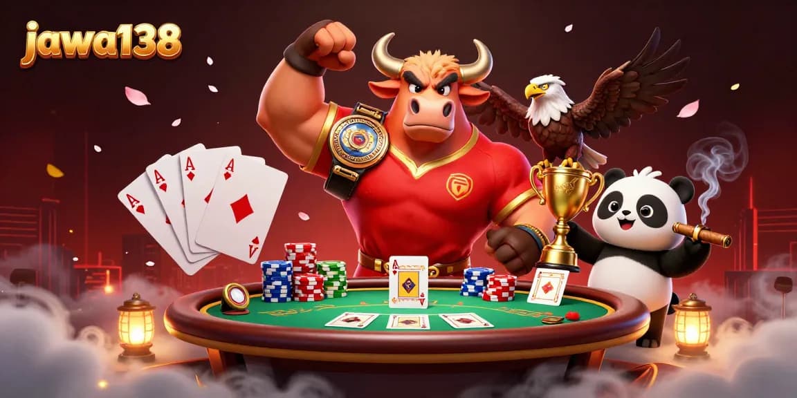 Menangkan permainan di jawa138 dengan karakter kartun 3D banteng, elang, dan panda merayakan di meja poker.