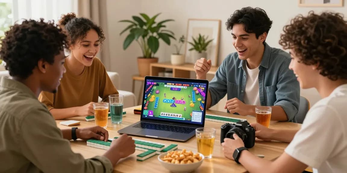 Friends enjoying Mahjong online with the CIKA4D application in a vibrant living room setting.