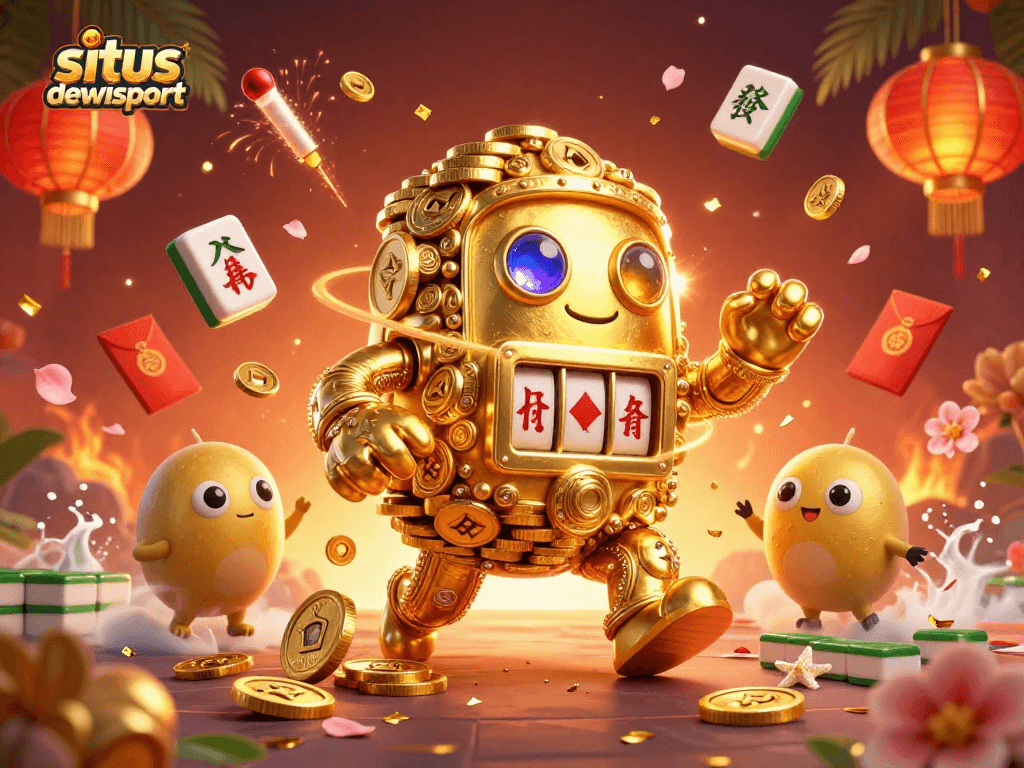 Experience the thrill of situs dewisport with a stunning 3D illustrated golden golem and vibrant casino elements.
