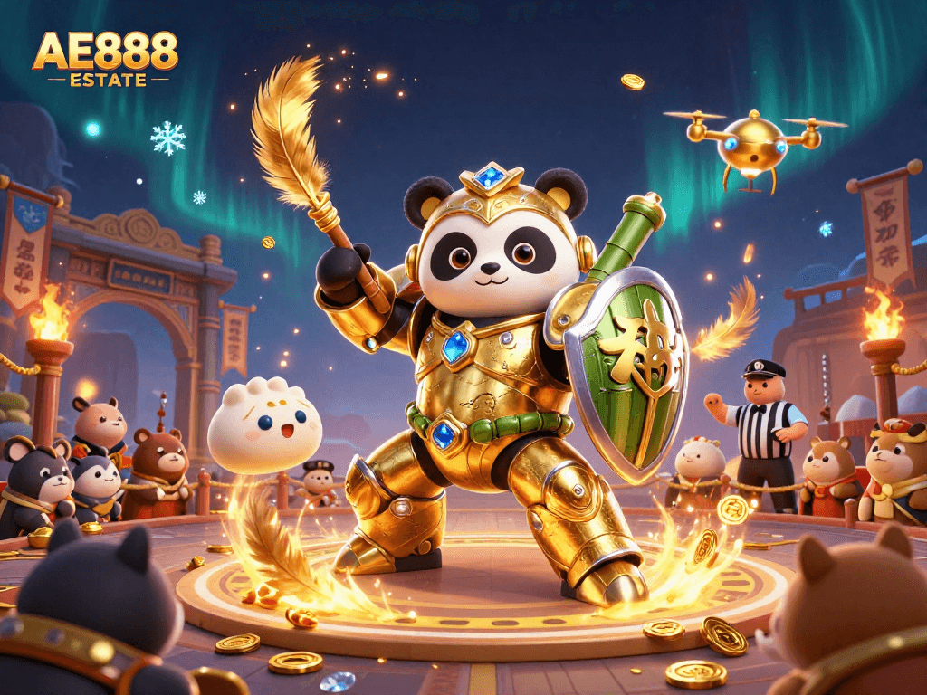 Experience thrilling battles at AE888 ESTATE with a mech-suit panda and vibrant arena elements.