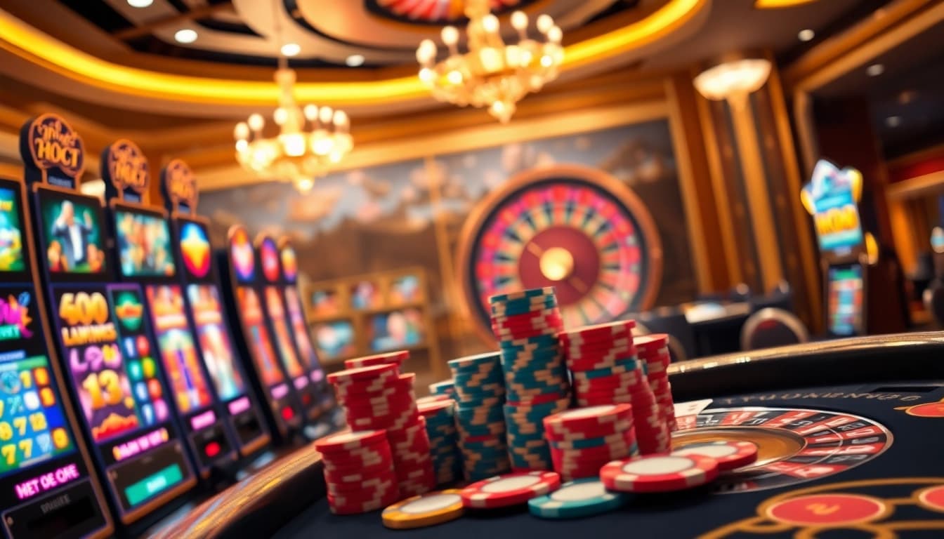 Exciting online gaming environment on Onicplay with vibrant slot machines and poker action.