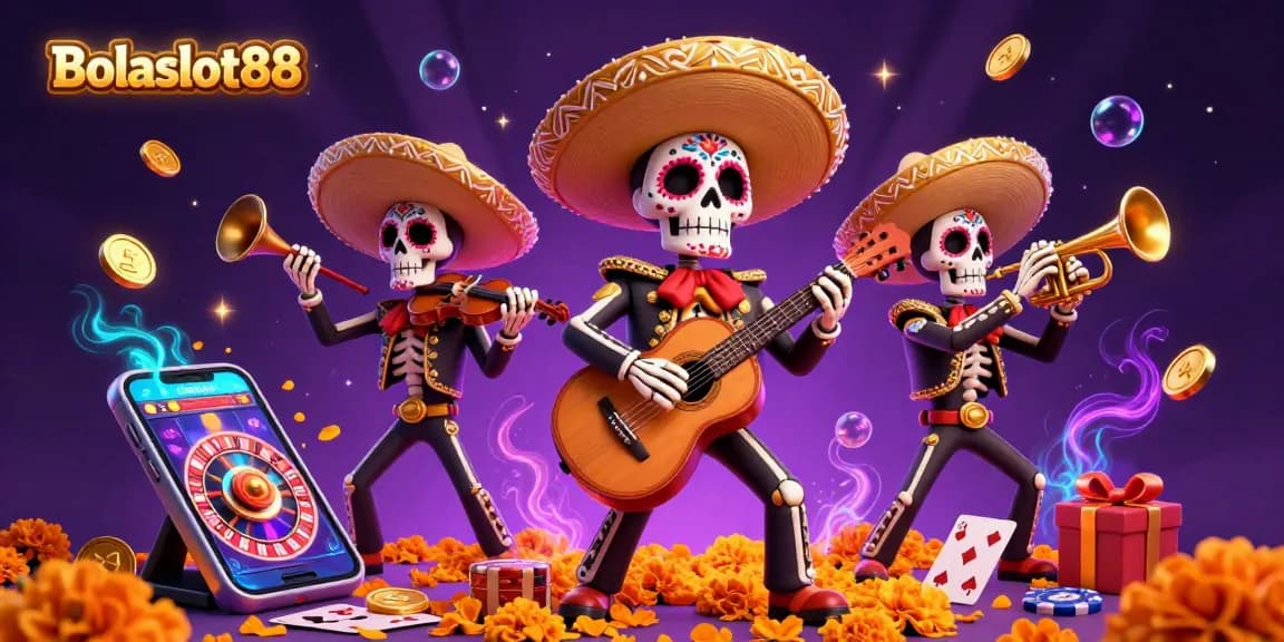 Bolaslot88 showcases lively mariachi band and vibrant casino elements in a dynamic scene.