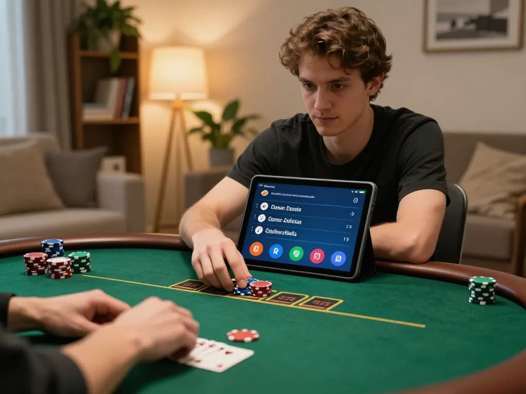 Pemain menikmati poker online dengan tablet mereka sambil mengelola taruhan, mewakili pendekatan spaceman terhadap permainan strategis.