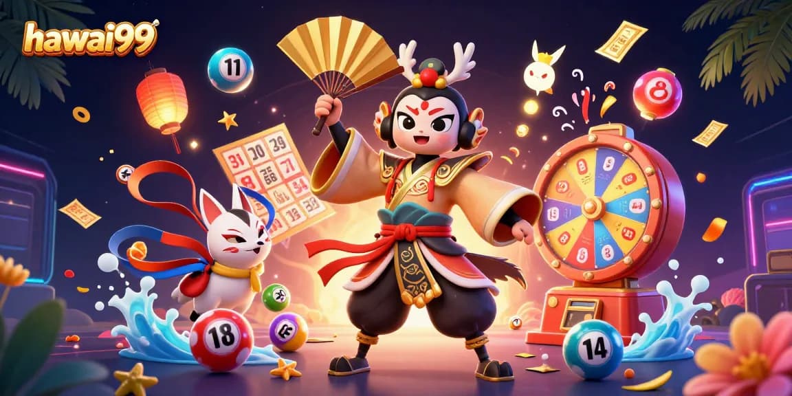 Play exciting games at hawai99 featuring a kabuki warrior, vibrant lottery elements, and festive decorations.