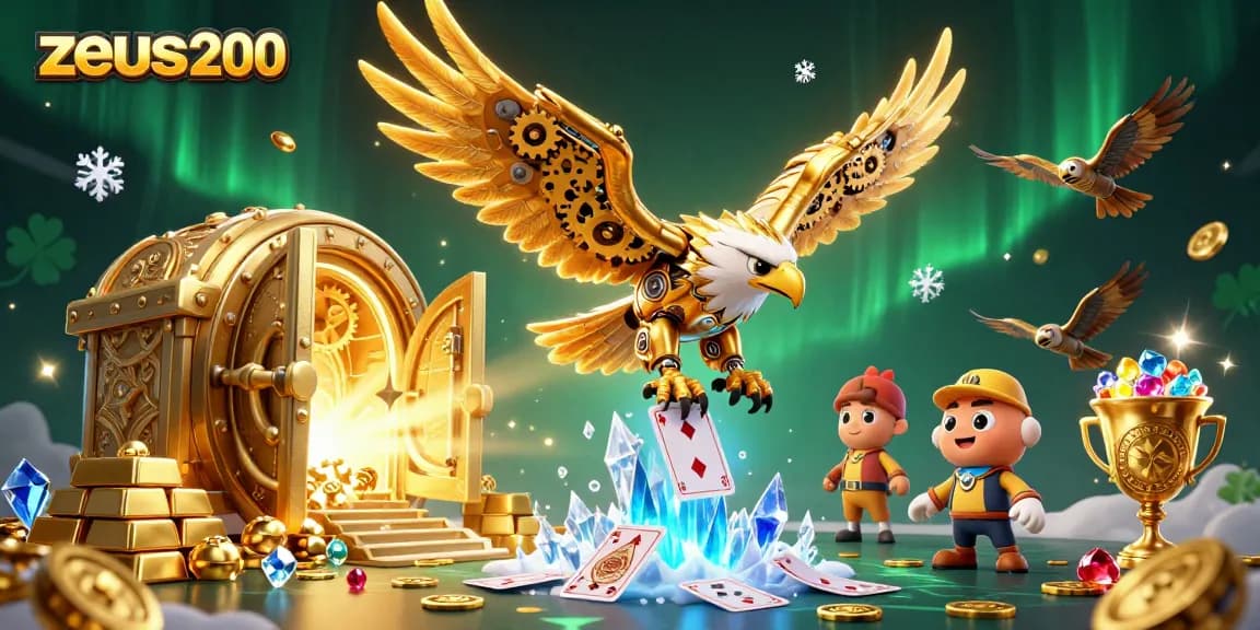 zeus200 terbang dengan kartu permainan holografik di belakangnya, menemukan kekayaan emas dan permata