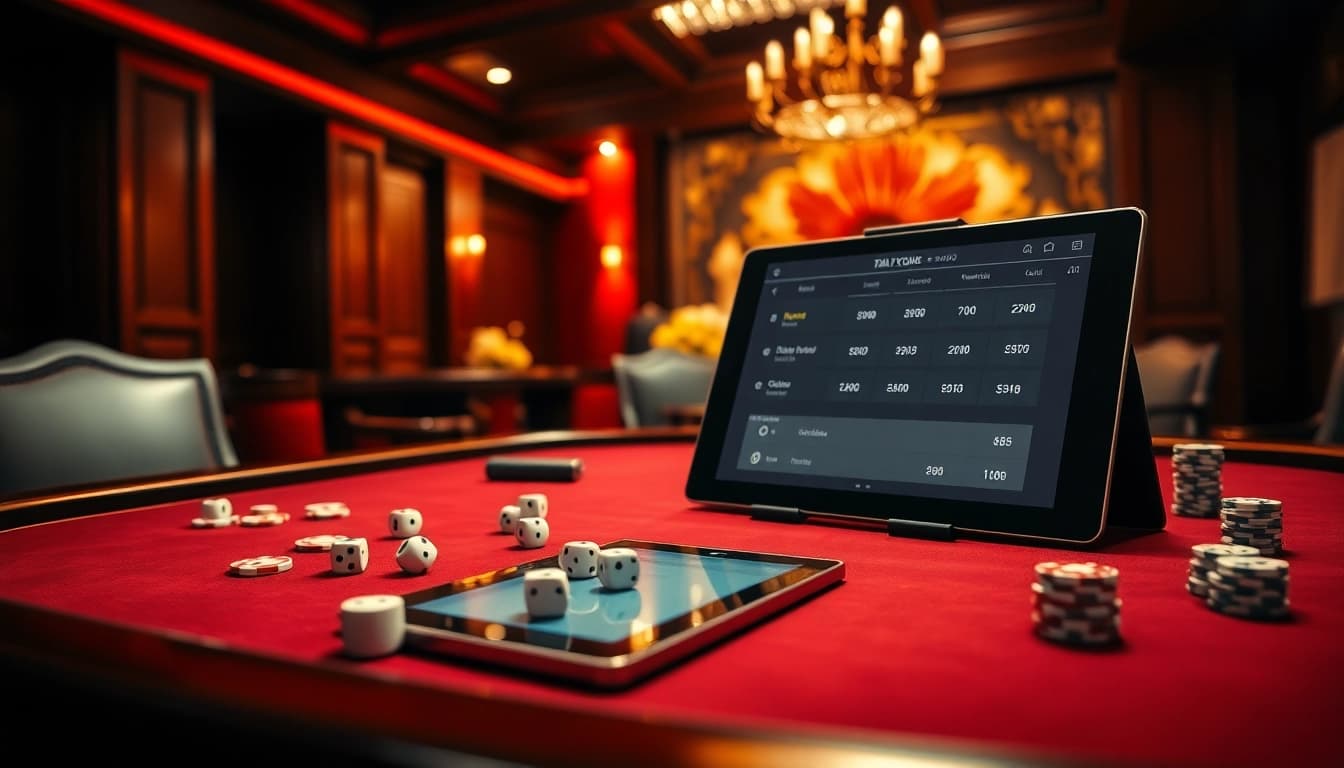 Experience a thrilling Tài Xỉu MD5 game at a luxurious casino table, with dice and betting slips beautifully arranged.