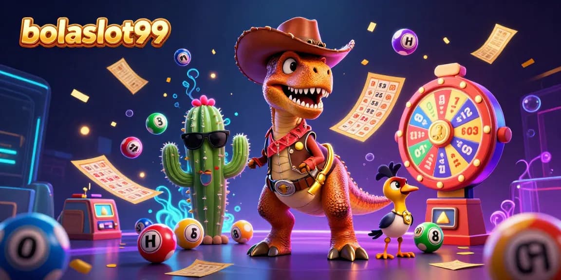 Bolaslot99 showcases a thrilling dynamic scene with a T-Rex cowboy and colorful lottery elements, energizing gamblers.