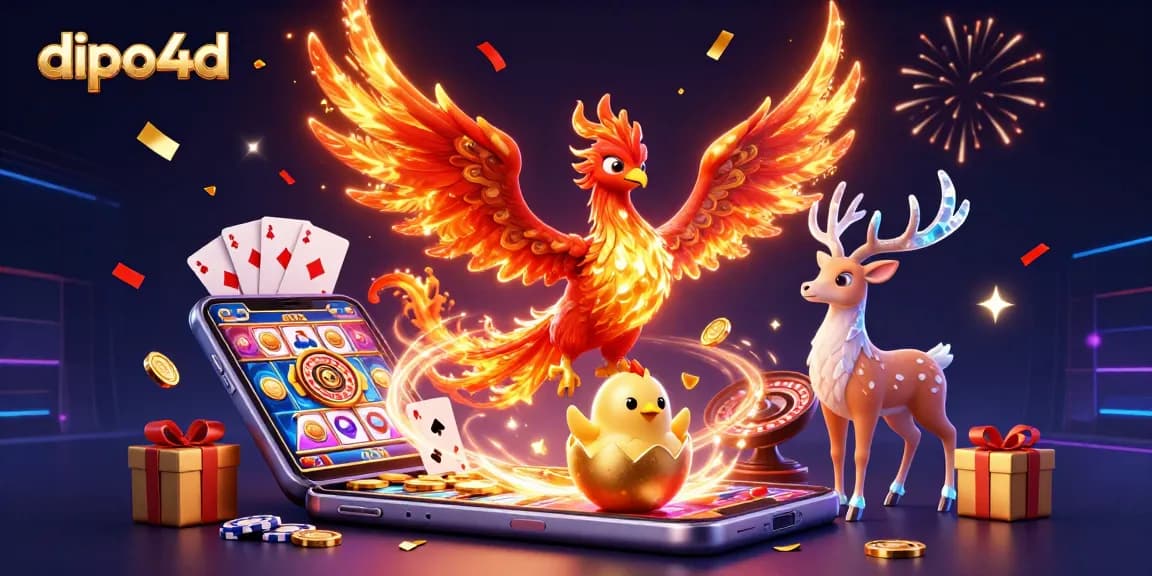 dipo4d showcases a vibrant scene with a fire phoenix, a baby phoenix chick, and mystical stag surrounded by casino gaming elements.