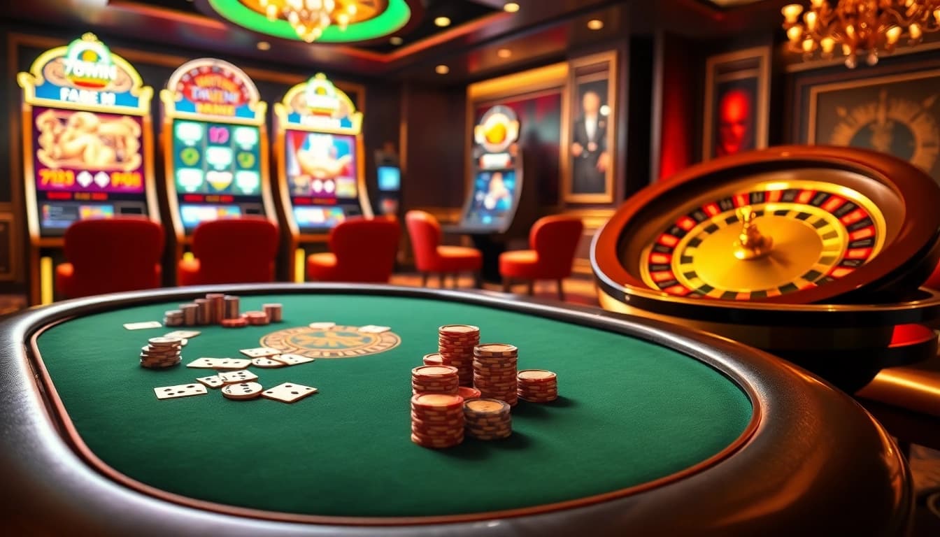 Exciting gameplay at 78Win casino with poker chips and roulette wheel in a luxurious setting.