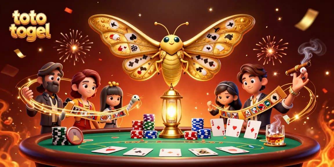 Toto togel dan ilustrasi kasino 3D yang menampilkan kupu-kupu atlas emas dan meja poker