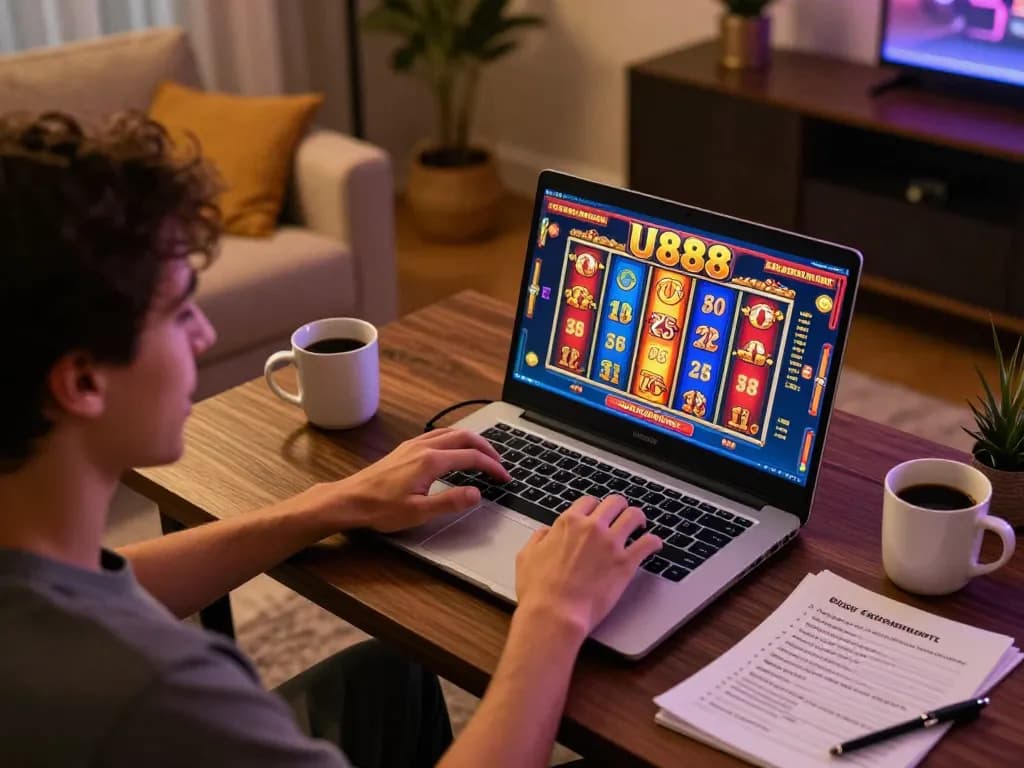 Engaging gameplay at U888 online casino on laptop with colorful slot reels and bankroll notes.