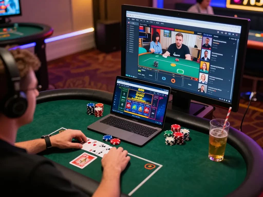 Engaging in an exciting sc88 poker game on a laptop, showcasing vibrant online gaming atmosphere