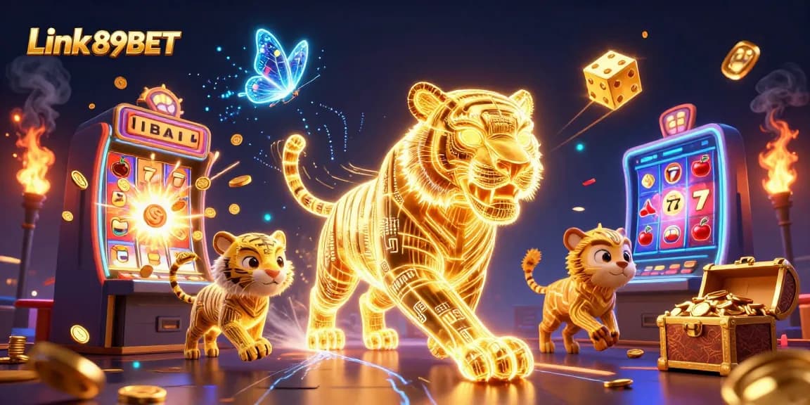 Experience the thrill of Link 89BET with golden tiger and jackpot symbols in a vibrant casino scene.