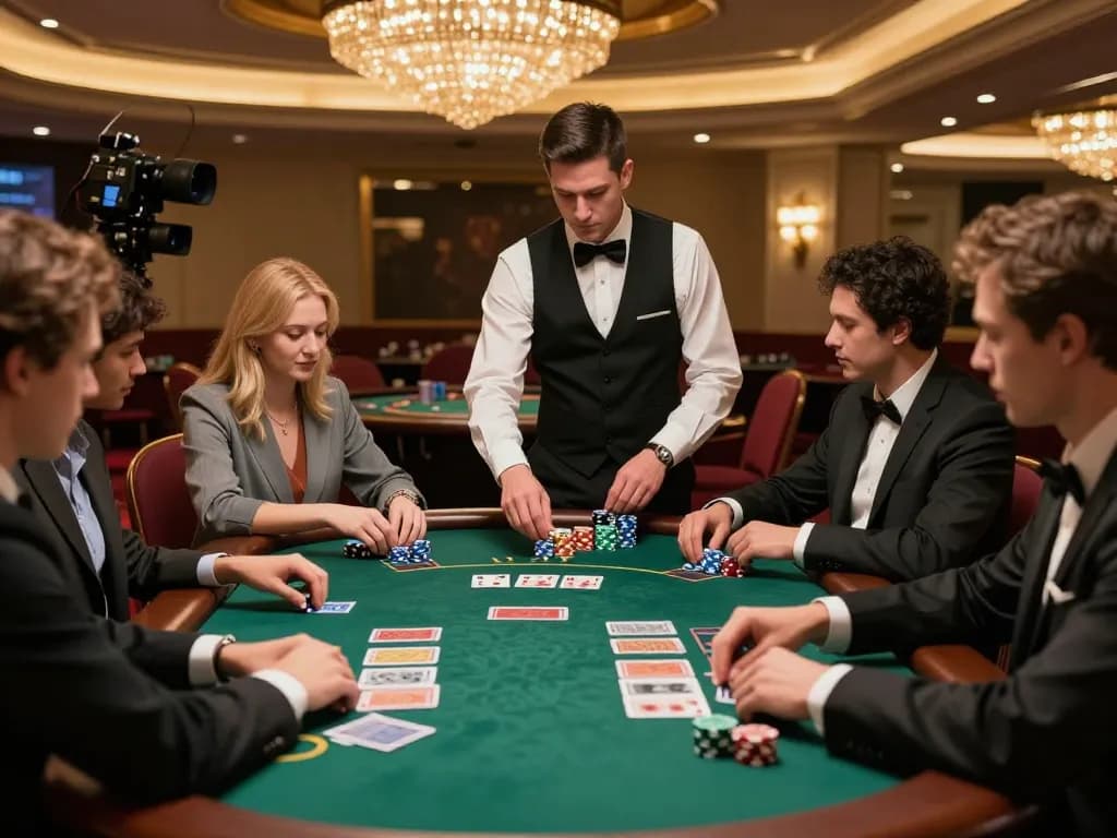 Players strategizing at trang chủ 79king blackjack table under elegant casino lighting.