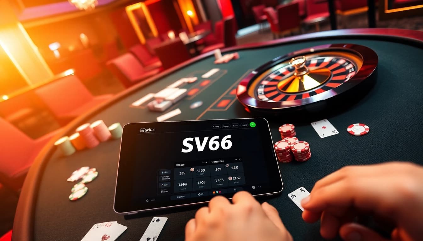 Players engage in intense poker action while exploring Sv66 bet options on mobile devices at a luxurious casino.