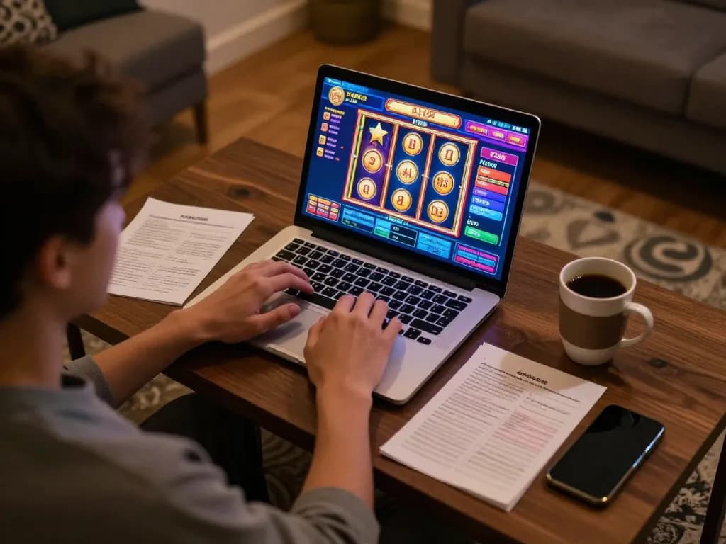 Player engaging in online gaming with CM88 on a laptop while surrounded by strategy notes.