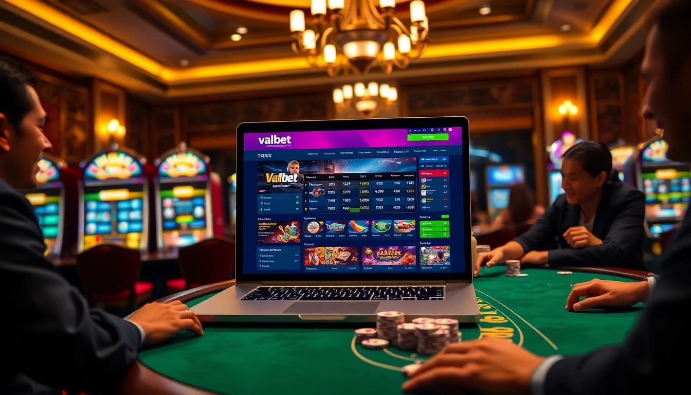 Experience the thrill of Valbet with stunning casino visuals showcasing slot machines and poker action.