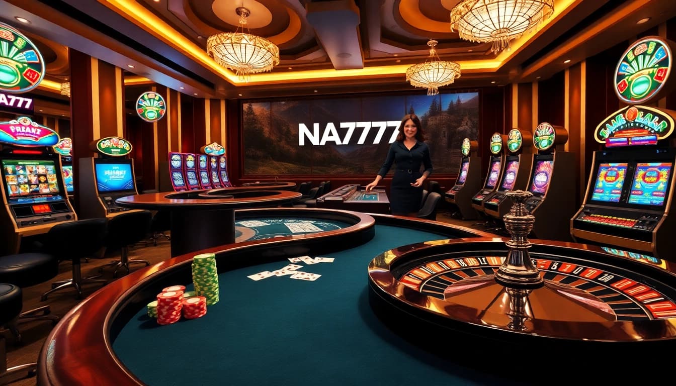 Experience the thrill of NA777 online gambling with a professional dealer at a luxurious casino table.