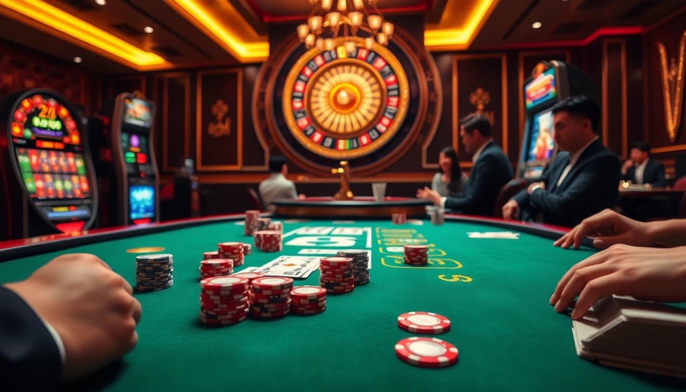 Players enjoying a premium gaming experience at tt88's luxurious poker table, showcasing vibrant casino elements.