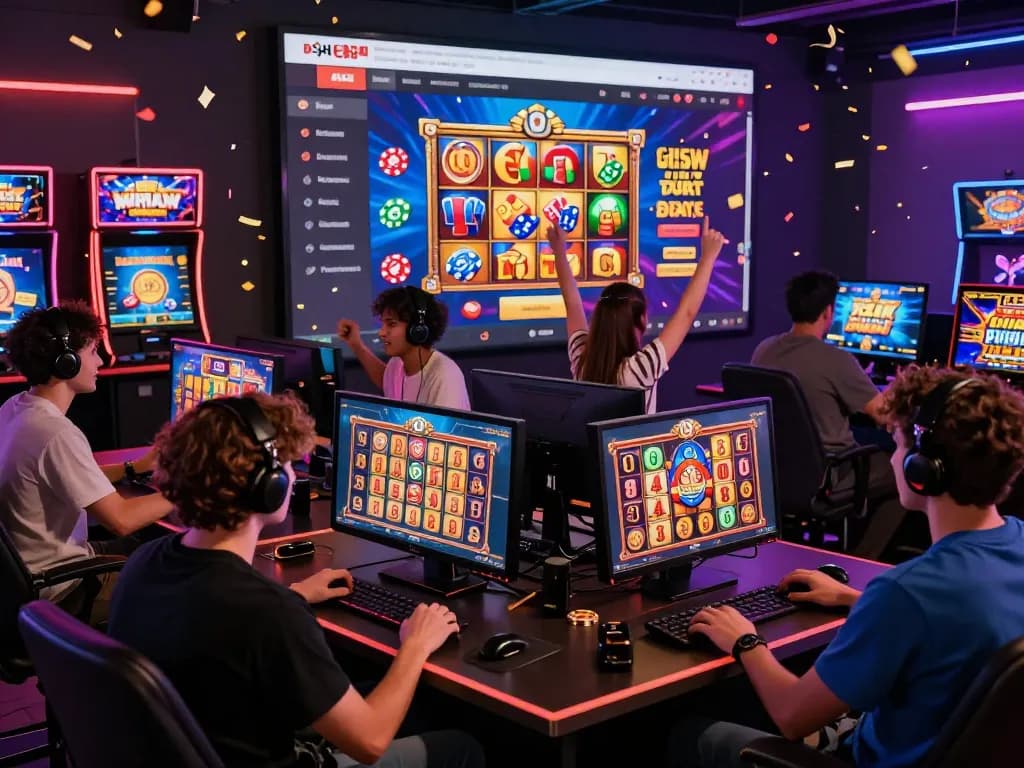 Exciting gaming scene on vegasslot77.com showcasing diverse players enjoying online slot games with colorful graphics and immersive atmosphere.