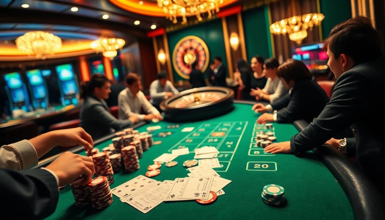 Exciting poker game featuring keo nha cai with colorful chips and lively players.