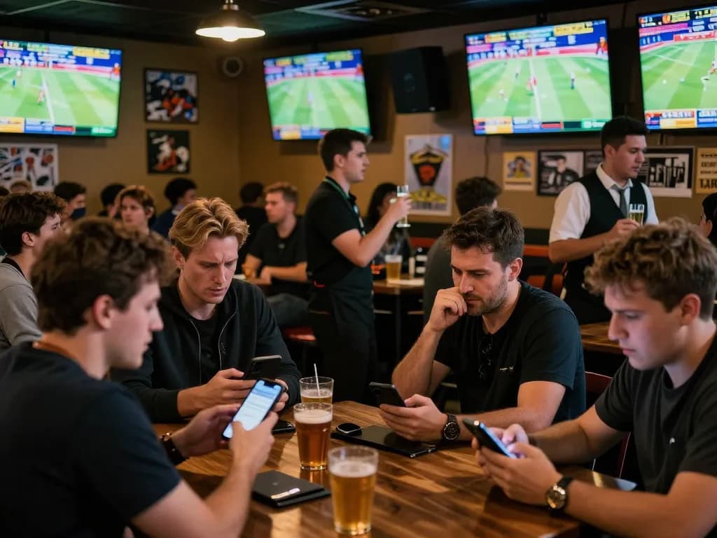 Excited patrons at a sports bar displaying their wagers at uu88 love, immersing in thrilling live betting atmosphere.