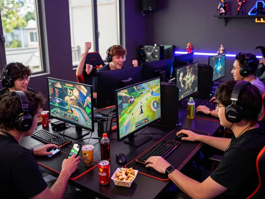 Players enjoying online games at mantra88.com with colorful screens and snacks in a lively gaming room.