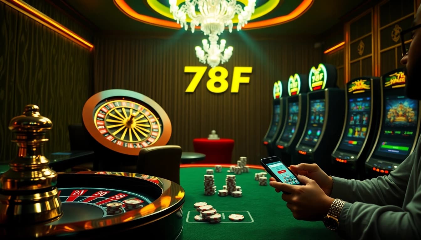 Experience thrilling gaming with the vibrant 789F APP showcased amidst luxurious casino elements.