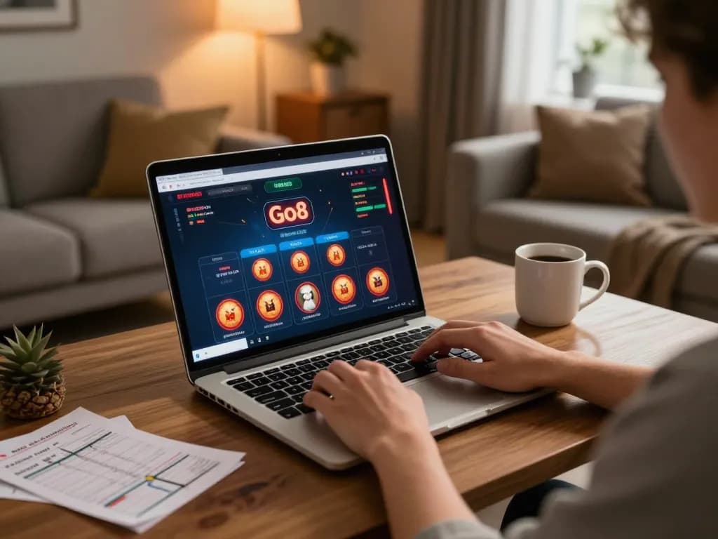 Player interacting with the Go8 casino platform on a laptop, highlighting strategic online gaming experience.