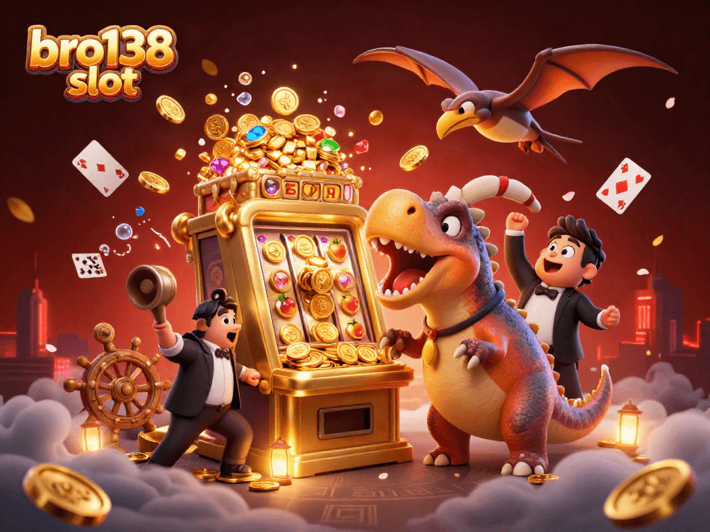 Experience the excitement of bro138 slot with a vibrant scene of dinosaurs and a jackpot win.