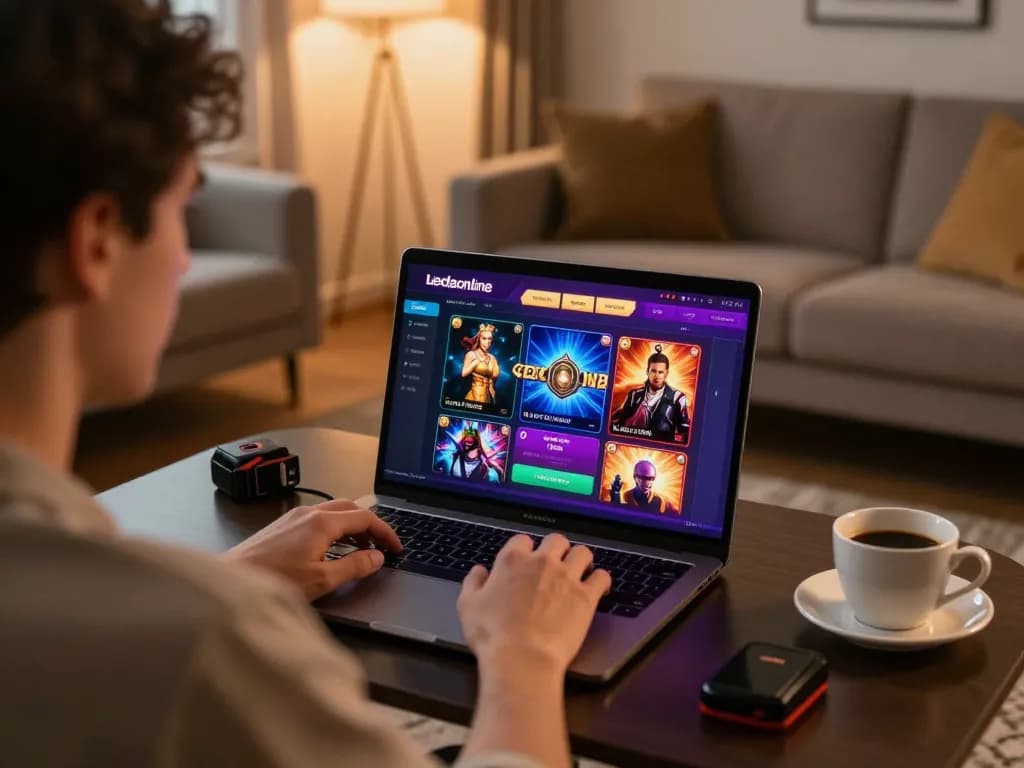 Player enjoying online casino on ledaonline with vibrant game interface in cozy home setting.