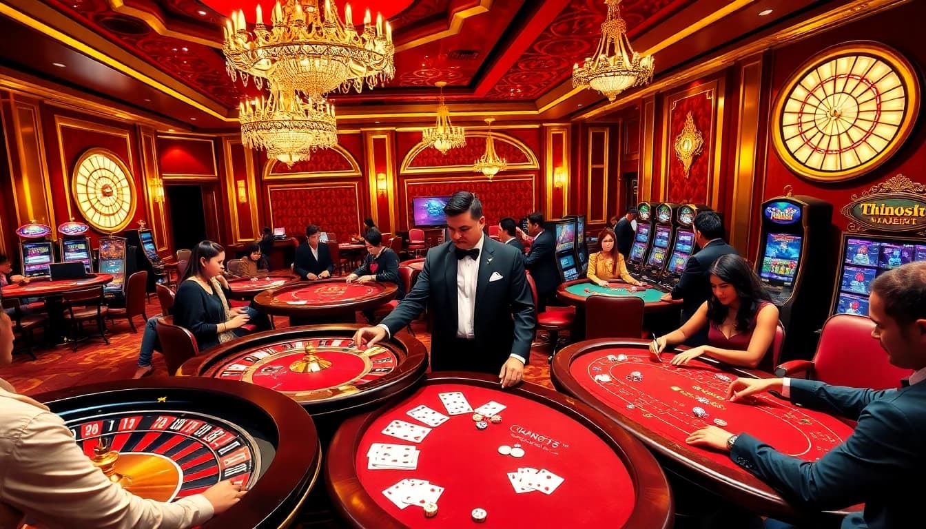 Gambling excitement at thabet777 casino with players at poker and roulette tables.