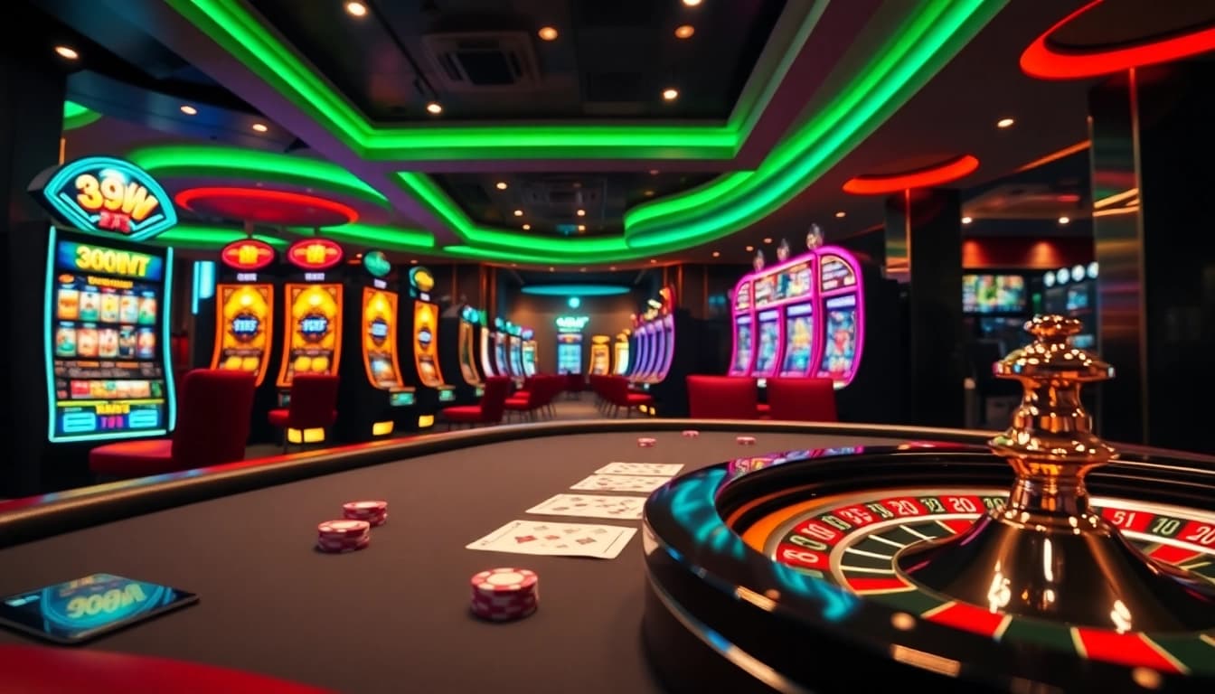 Experience thrilling gameplay at 399W with a modern casino featuring poker tables and slot machines.