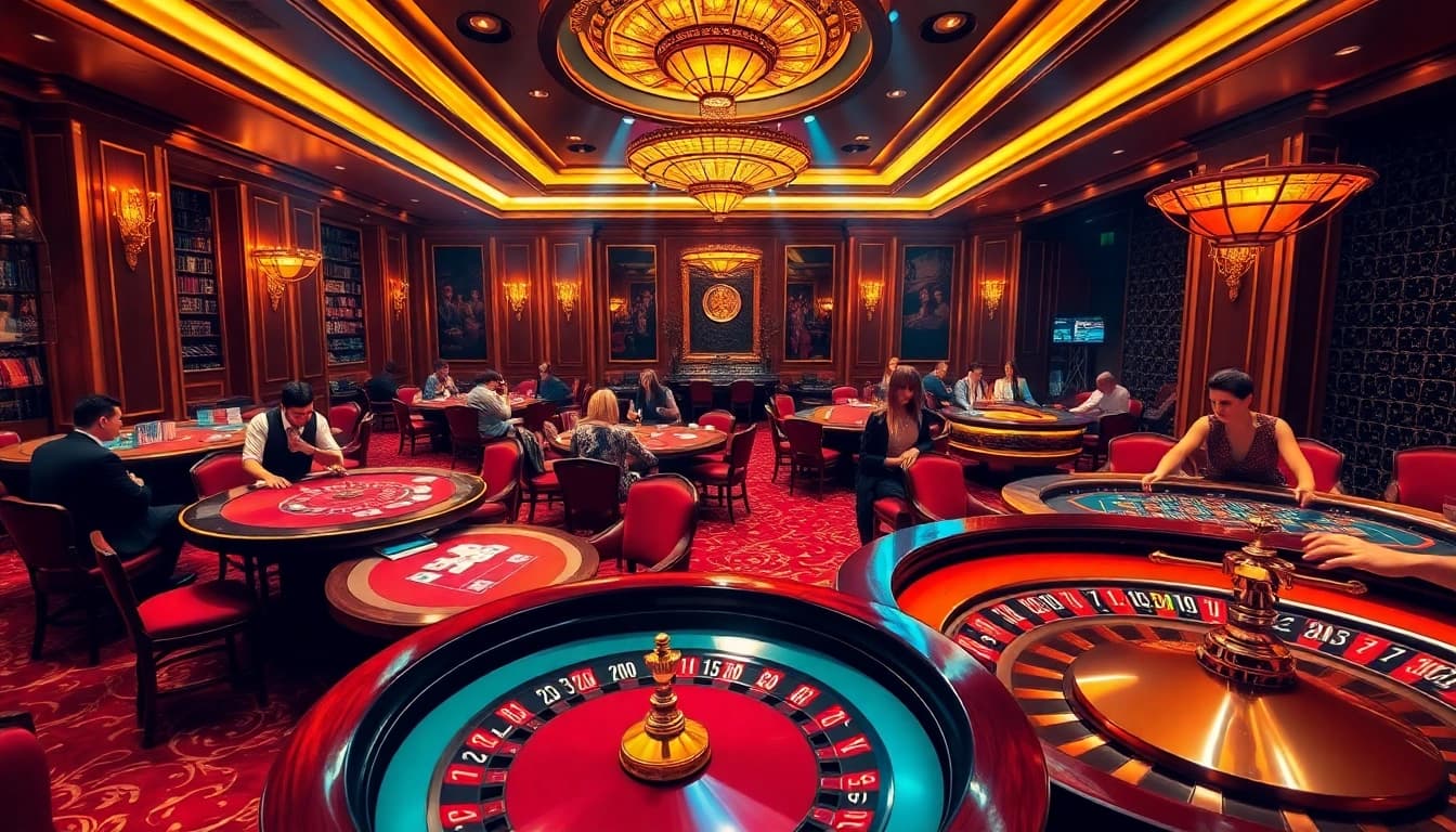 Players enjoy an exciting gaming experience at https://sv388group.org/ in a luxurious casino backdrop.