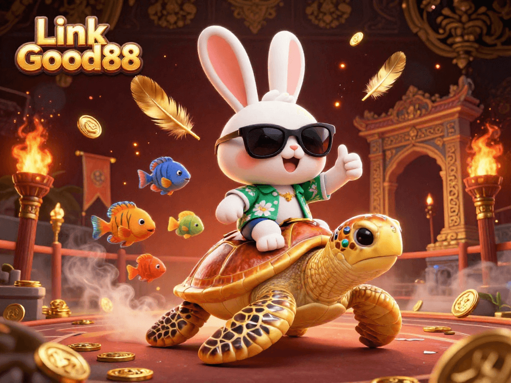 Engage with Link Good88 in this vibrant casino scene featuring a lucky rabbit and golden turtle, enhancing your gaming adventure.