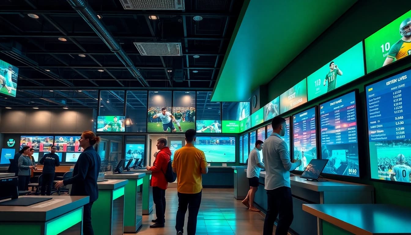 Professional betting office interior showcasing a reputable betting site (nhà cái uy tín) with engaged customers.