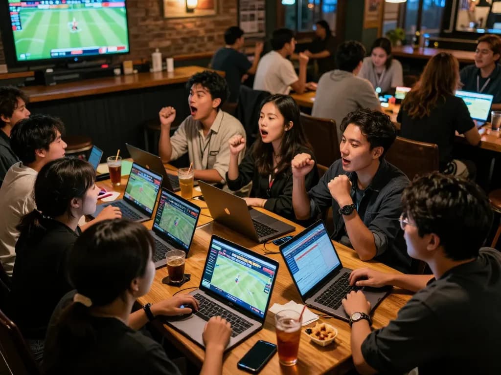 Excited patrons engaging with the keonhacai betting app while watching sports in a lively bar.