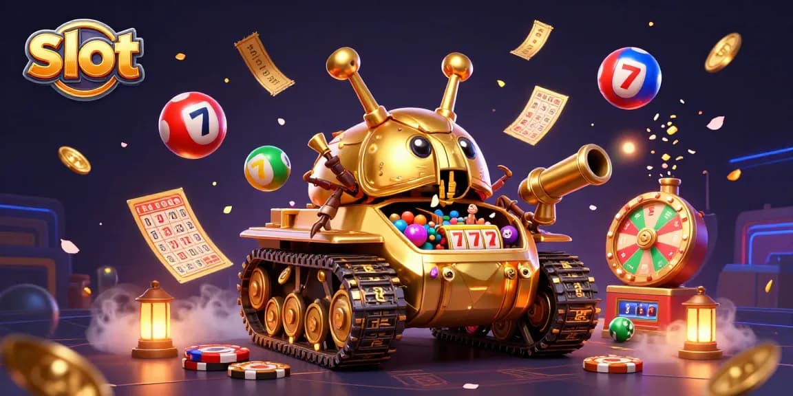 Spin slot machines with excitement as colorful balls bounce and tickets flutter in a lively casino scene.