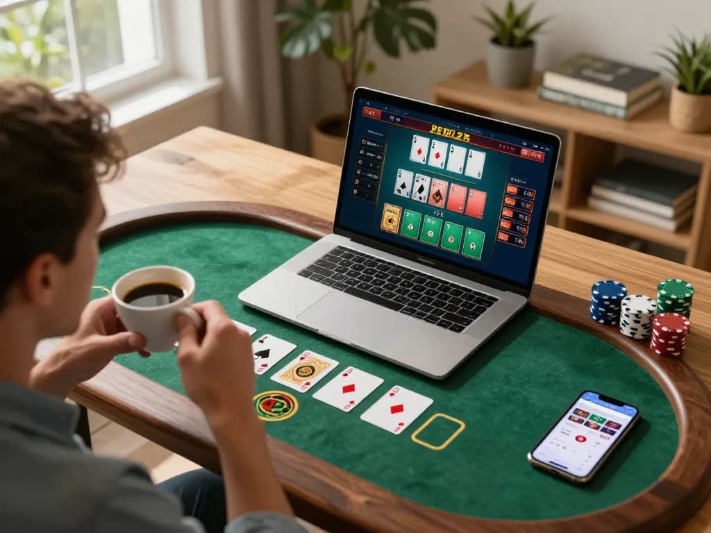 Engaged player at VSBET online blackjack, showcasing strategic gameplay in a cozy home setting