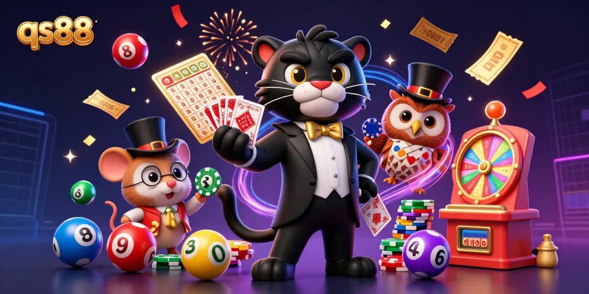 Engage with thrilling gameplay at qs88 while a stylish panther deals cards amidst vibrant lottery elements.