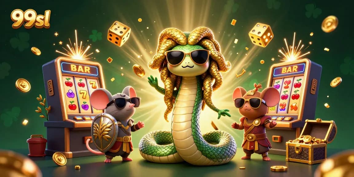 Experience the excitement of 99sl with a vibrant 3D illustration showcasing Medusa, a warrior mouse, and dynamic casino elements.